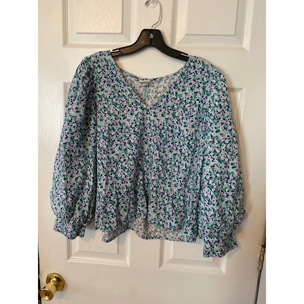 A New Day Womens Floral V-Neck Puff Sleeve Blouse Green Purple Size L